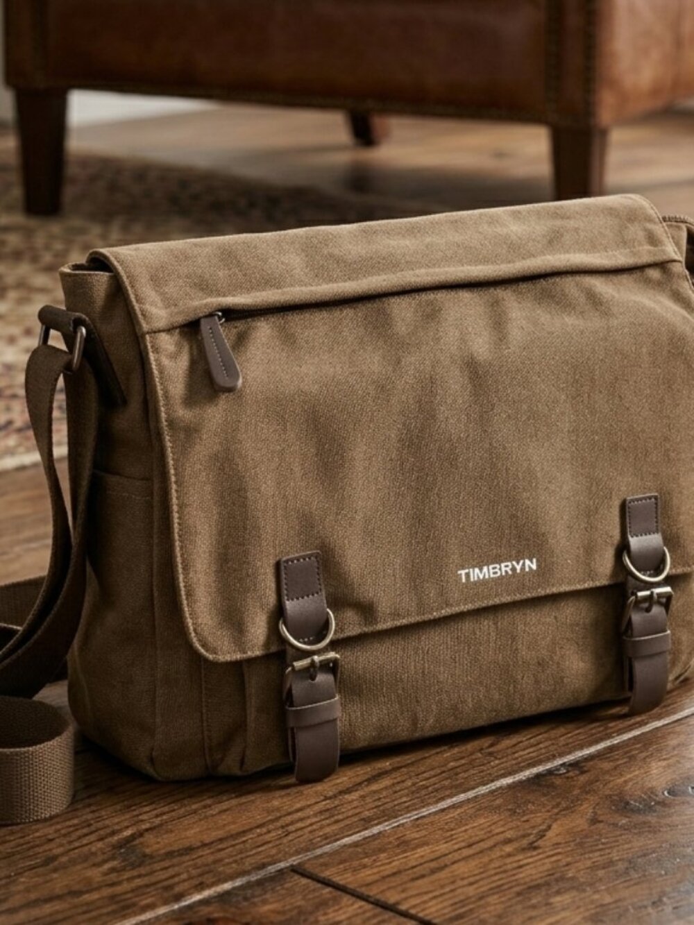 TIMBRYN Premium Canvas & Leather Messenger Bag  | Vintage Crossbody Satchel - Picture 3 of 16